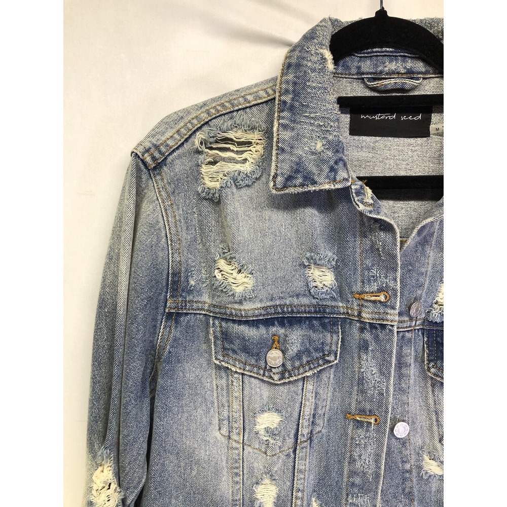 Mustard Seed distress Embroidered Denim Jean Jacket w Facts Saying Sz Medium - Picture 4 of 10